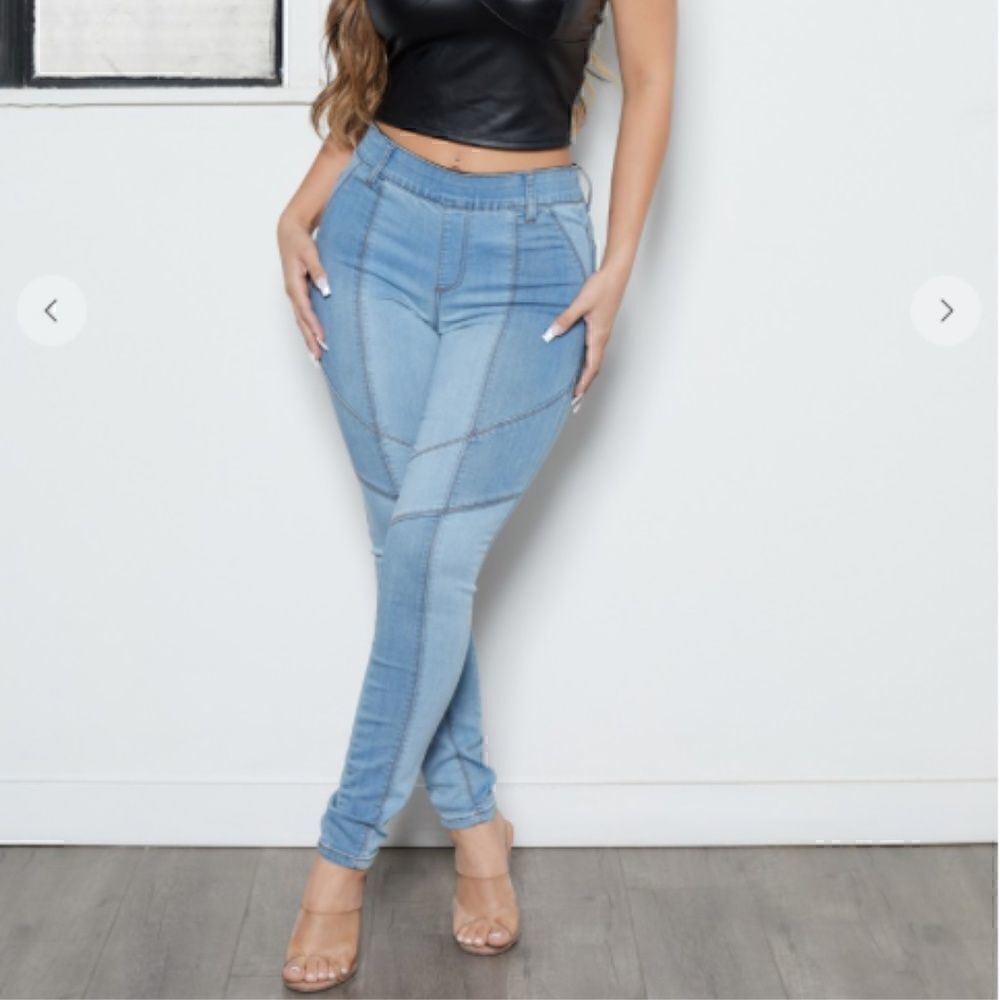 NEW! Sexy Color Blocked Pull On Skinny Blue Jeans Denim Boho Patchwork Leggings
